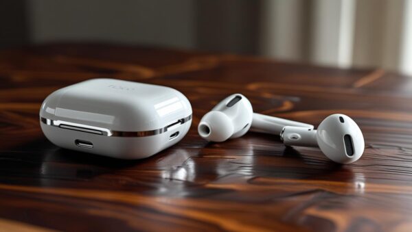 airpods pro 2 apoyados en mesa de madera enfocados en primer planoa medio sacar del estuche original AirPods Pro S3